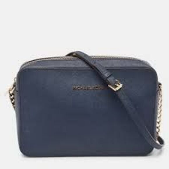 Michael Kors Jet Set Crossbody Bag Blue Saffiano Leather Classic Chain Accent - Picture 1 of 12